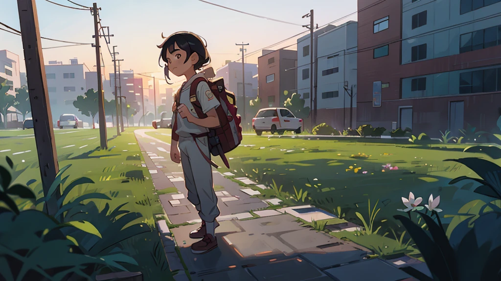 resolved; Javier leaving home at dawn; outdoor; plano general