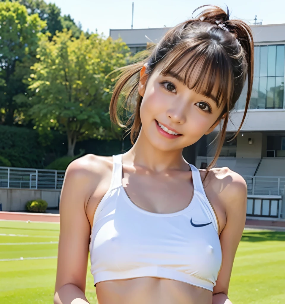 Highest quality、、 Compensate、masterpiece、Ultra-high resolution、Clear photos、Natural light、(Very cute girl、beautiful girl、The cutest Erina Mano、)、(Small breasts、Flat Chest、Large erect nipples:1.2)、Slender body、Tight waist、Berry Short Cut、Brown Hair、smile、Delicate face、Beautiful Skin、(Wearing white underwear:1.6、Small underwear)、Athletics Stadium、((running:1.8))、Full body photo