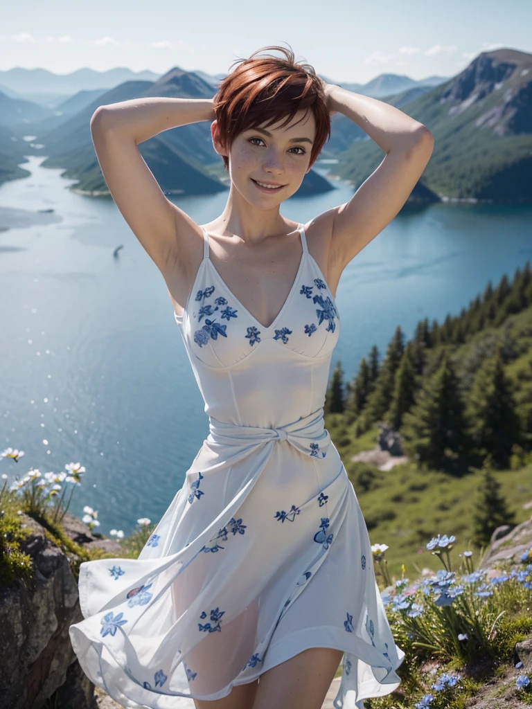 slim feminine figure, redhead, freckles, best quality, realistic skin texture, photography, detailed facial features, film grain texture and high contrast, extremely high-resolution details, photographic, photorealistic, hyper-realistic, HDR, masterpiece, ((short pixie hair)), a white flowy summer dress ((with lots of blue flower prints and a v-neck)), standing on view point in the Norwegian mountains with a magnificent view, exhausted and tired from walking but very happy, smiling, arms out in the air, celebrating, (((very firm round small to medium sized breasts))), ((thin waist)), (((wide hips)))