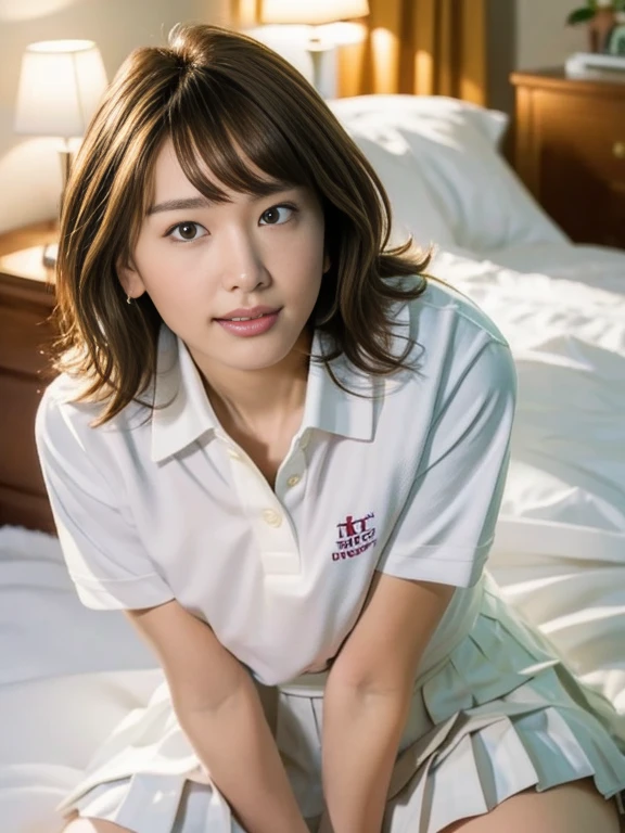 (Masterpiece, Best quality: 1.4), (Ultra realistic, Photo-realistic: 1.2), (From above: 1.2), Full body, Lying on bed, Looking at viewer, Natural light, 30 years old actress, Japanese women, (arms behind back: 1.2), Neat and clean, ((Wearing white tennis uniform, White polo shirt with collar, Not buttoning the polo shirt, White pleated tennis skirt: 1.2)), (ponytail), Short wavy hair, Light brown hair color, (Beautiful Face), Oval face, clear, (Beautiful eyes, Kind eyes), (Clear skin), Small face, (Small mouth, Beautiful mouth), Natural makeup, Approachable, Hotel Suite rooms, On bed, Seductive smile, Seductive pose, Beautiful thighs, Bedroom eyes, spread legs,