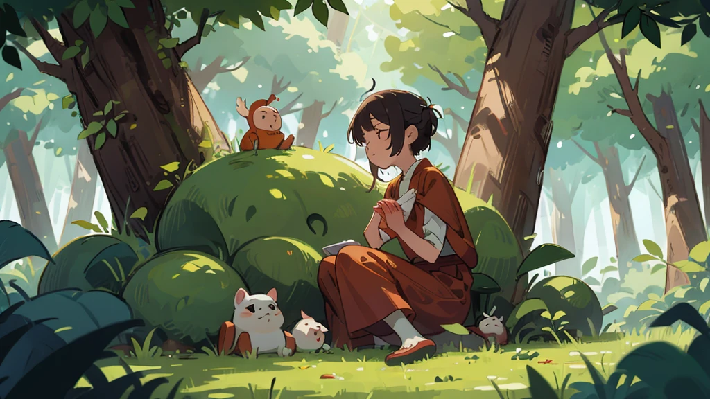 sereno; monk meditating under a tree; forest; Medium shot