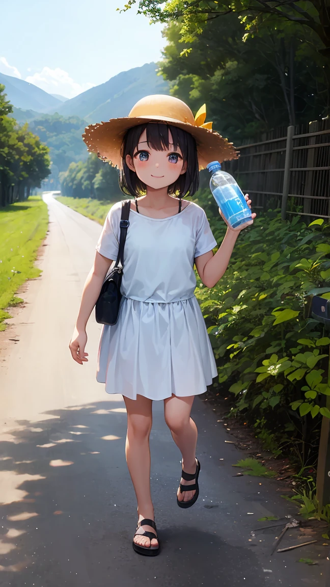 A girl around 10 years old is wearing a straw hat.。Smiling。She is wearing a white one-piece skirt。Water bottle on shoulder。Composition from knee to top of head。Walking along a country road。High resolution and high image quality。