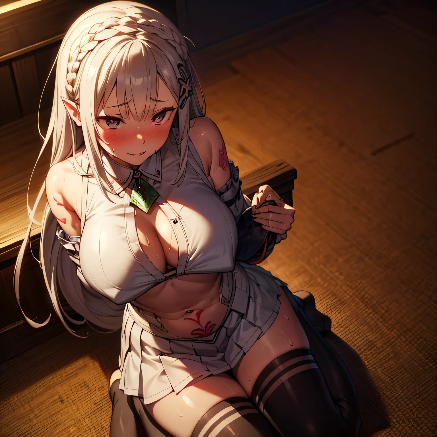 best quality,ultra-detailed,high resolution,extremely detailed CG,perfect anatomy,detailed,cinematic lighting,beautiful detailed eyes,ultra high res,(One woman:1.5),(:1.4),(milf:1.6),milf,gleaming skin,oil skin,large breasts,skindantation,sweat,humid,clothed,curvy,(sweat:1.2),nsfw,(sweat:1.1),nose blush,(Thick lips:1.2),emilia, braid, crown braid, flower, hair flower, hair ornament, hair ribbon, long hair, pointy ears,white hair, x hair ornament,),(slave:1.9),(pubic_tattoo:1.2),(Prostitute:1.6),(Love Hotel:1.6)detached collar, detached sleeves, frilled sleeves, frills, long sleeves, miniskirt, pleated skirt, ribbon, skirt, thighhighs, white skirt, white sleeves, white thighhighs, wide sleeves, zettai ryouiki,Belly button exposed,(seiza:1.3),Smile,ass pov