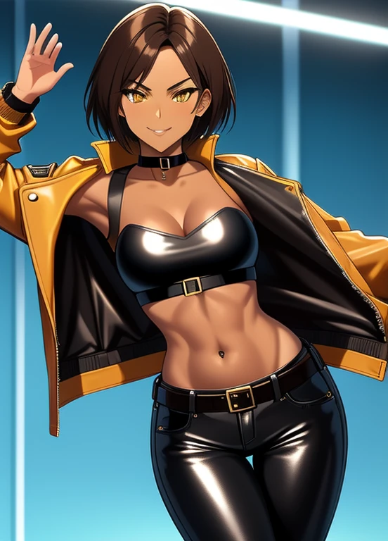 high quality, extremely detailed, perfect face, 1girl, solo, 26 years old, tomboy, (shiny skin), midriff, (tan-bronze skin), (Yellow eyes), short brown hair, medium , (Cleavagring: blue jacket, choker, Strapless black top, Belt, Black shiny leather pants), tight fitting clothing, piercings, toned, hourglass figure, athletic, snarky expression, wide smile, at rave, nightclub,