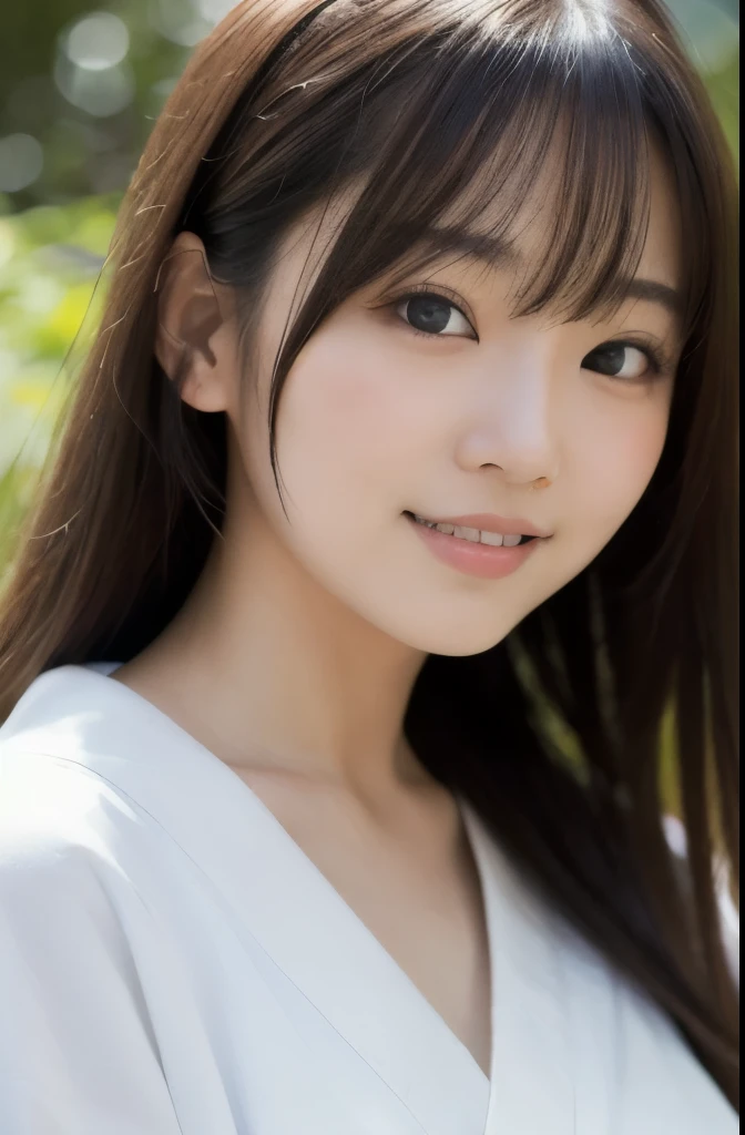 best quality, face focus, soft light, ultra high res, (photorealistic:1.4), RAW photo,(Shinozaki Ai), white skin, kawaii,
1 Japanese girl, solo, cute, (smile), (pupil, lights in the eyes), detailed beautiful face, Medium-sized breasts,(high resolution detail of human skin texture),(long hair),(portrait), upper body, white traditional kimono, in the forest,