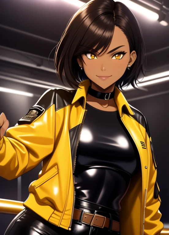 high quality, extremely detailed, perfect face, 1girl, solo, 26 years old, tomboy, (shiny skin), midriff, (tan-bronze skin), (Yellow eyes), short brown hair, medium breasts, (Cleavage), (Wearing: blue jacket, choker, Strapless black top, Belt, Black shiny leather pants), tight fitting clothing, piercings, toned, hourglass figure, athletic, snarky expression, wide smile, at rave, nightclub,
