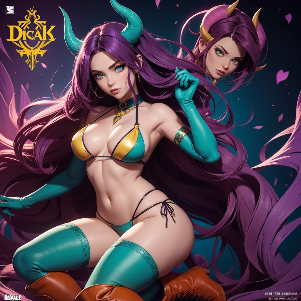 A comic book or fantasy-style digital illustration of a demonic woman with long, purple hair. She is wearing a red and yellow costume consisting of a horned mask, high boots, gloves, and a bikini that highlights her figure. The character holds a curved devil's tail that ends in an arrowhead. Her pose is confident and sensual, with her body slightly tilted. The background of the image is simple, in a teal tone, decorated with stylized elements that resemble a frame. At the top of the image, "LUCY" is written in capital letters. The style of the illustration is characterized by well-defined lines and saturated colors.