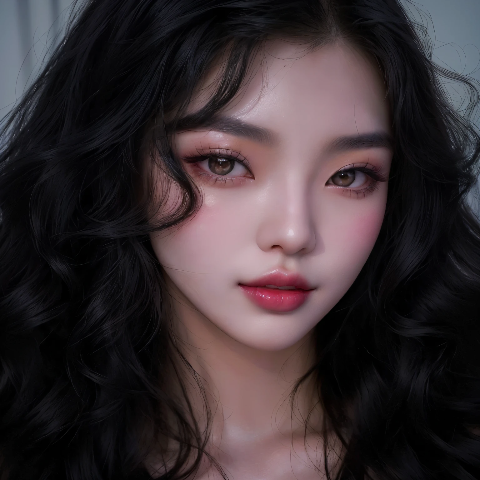 a close up of a woman with long black hair and a pink lipstick, asian face, detailed face of a asian girl, with very thin lips, very pretty face, asian beautiful face, beautiful aesthetic face, popular south korean makeup, korean face features, yanjun chengt, beautiful young korean woman, gorgeous young korean woman, young adorable korean face