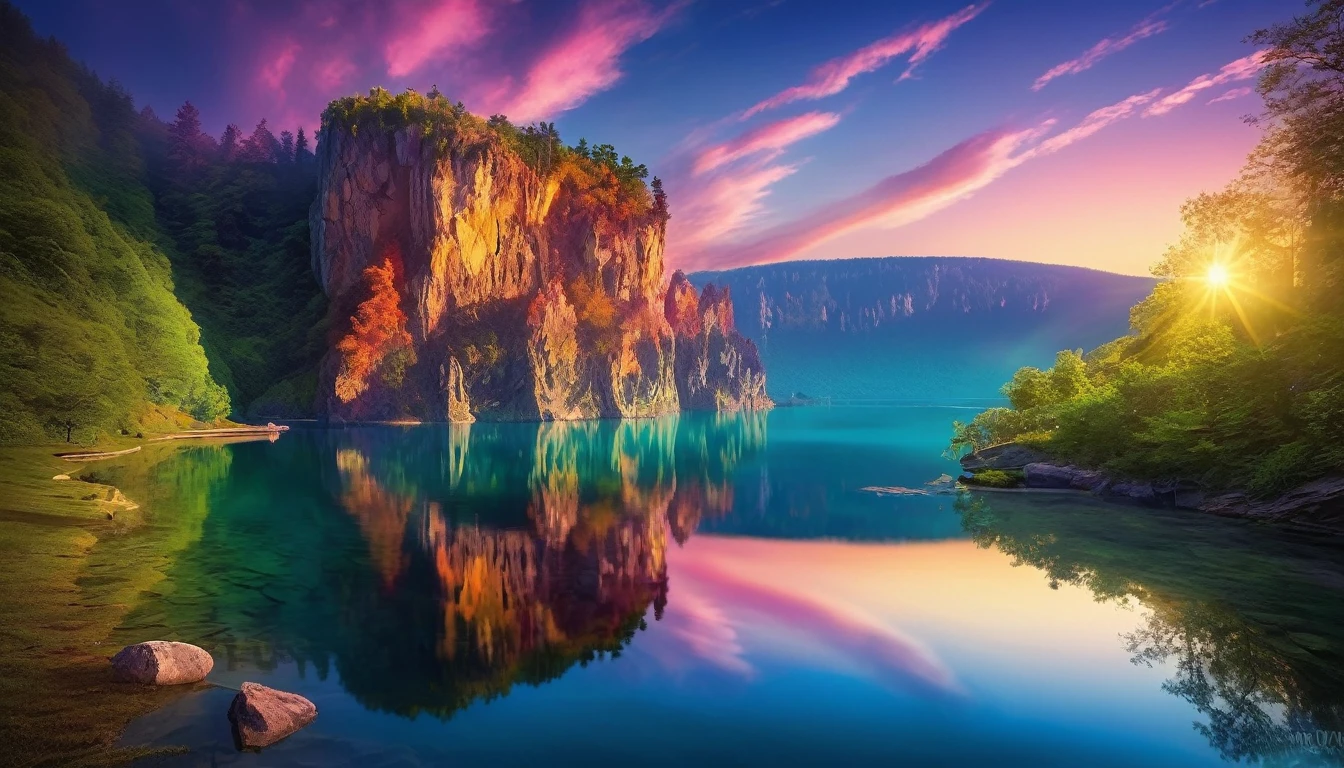 Photos that capture the essence of a magical dream world. A magnificent and legendary cliff jutting out over a beautiful lake, Surreal and vibrant colors illuminate the reflection.. The atmosphere is otherworldly, The soft evening light casts a fantastic shadow. This image exudes depth and mystery., It&#39;s as if the viewer is transported to another dimension., Create beautiful and memorable compositions. Shot with Canon EosIII Zeiss 120mm wide