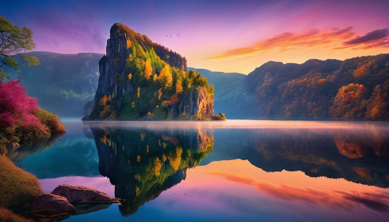 Photos that capture the essence of a magical dream world. A magnificent and legendary cliff jutting out over a beautiful lake, Surreal and vibrant colors illuminate the reflection.. The atmosphere is otherworldly, The soft evening light casts a fantastic shadow. This image exudes depth and mystery., It's as if the viewer is transported to another dimension., Create beautiful and memorable compositions. Shot with Canon EosIII Zeiss 120mm wide