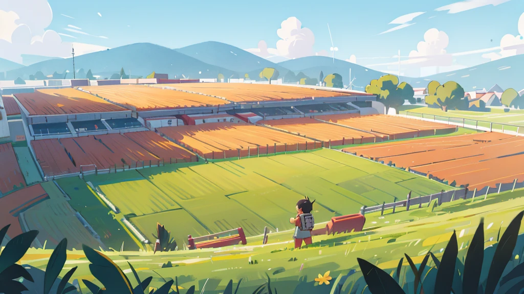 quiet; joven aldeano trabajando en el field; field; panoramic view
