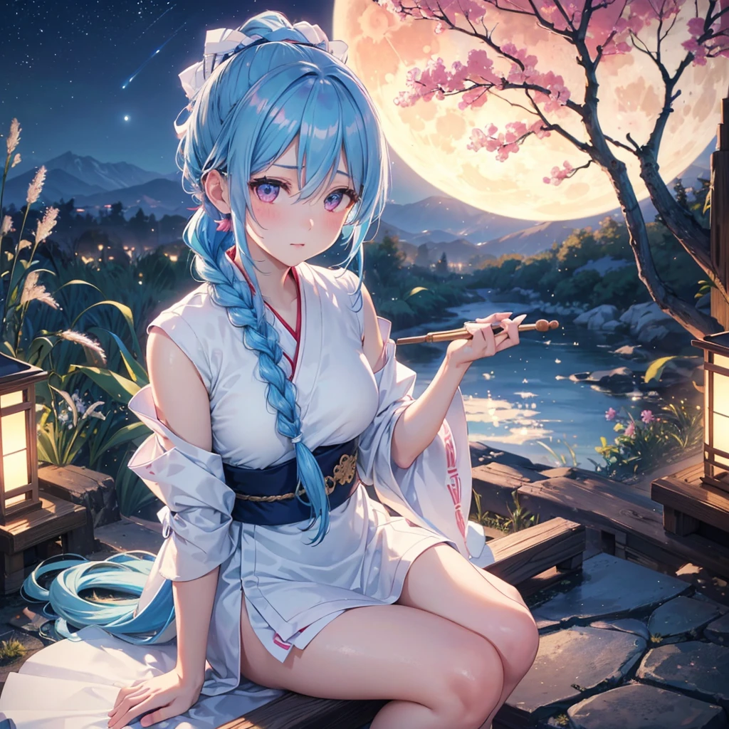 Sky blue hair, (Braided Ponytail:1.2), Pink eyes,Fair skin ,(whole body),(One Girl),Tsukimi,(White sweet dumplings ),White round dumplings,Japanese pampas grass,(beautiful, Full moon shining in the night sky),(masterpiece, Highest quality, Very detailed, Best Shadow), (Detailed Background), (Beautifully detailed face), High Contrast, (Best lighting, Very delicate and beautiful), ((Cinematic Light)), colorful, Hyper Detail,8k, Dramatic Light, Intricate details,Sit and eat dumplings while watching the moon,(Shadow of a rabbit on the moon),mysterious