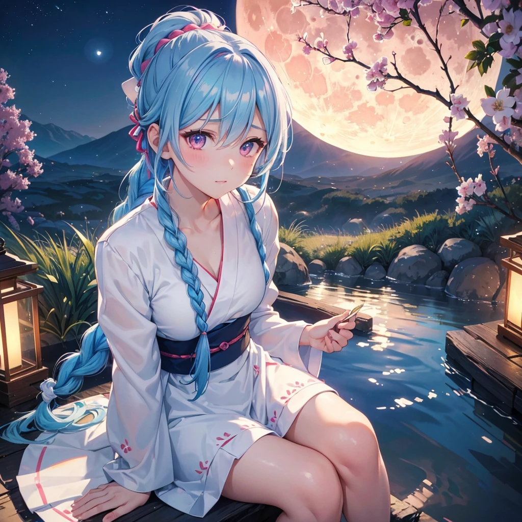 Sky blue hair, (Braided Ponytail:1.2), Pink eyes,Fair skin ,(whole body),(One Girl),Tsukimi,(White sweet dumplings ),White round dumplings,Japanese pampas grass,(beautiful, Full moon shining in the night sky),(masterpiece, Highest quality, Very detailed, Best Shadow), (Detailed Background), (Beautifully detailed face), High Contrast, (Best lighting, Very delicate and beautiful), ((Cinematic Light)), colorful, Hyper Detail,8k, Dramatic Light, Intricate details,Sit and eat dumplings while watching the moon,(Shadow of a rabbit on the moon),mysterious