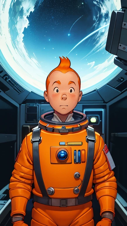 (Teens:1man: Tintin), (extremely detailed CG unit 8k wallpaper),(master part), (best quality), (ultra detali), (best illustration),(Clay Animation), cowboy shot, (Sharp eyeliner, ombre, detailed eyes:1),Dark space station interiors background, ,break , (astronaut in an orange space suit), upper body, short hair, orange hair