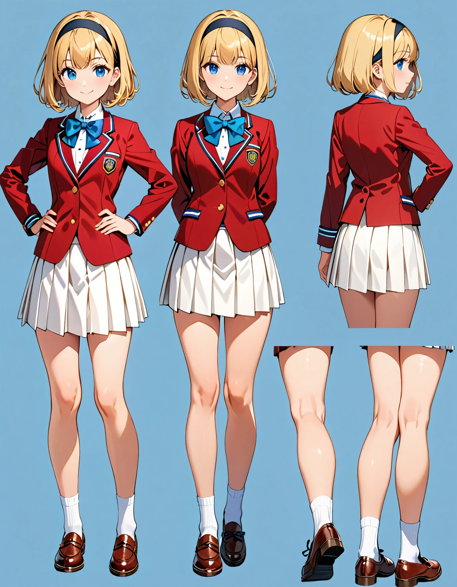 (masterpiece), (best quality), (hires), highly detailed, 1girl, age 16, high school girl, (bangs, blonde hair, bob hair), ((black headband)), blue eyes, beautiful detailed eyes, beautiful detailed face, cute face, perfect hands, complete fingers, perfect anatomy, perfect proportions, (bow, bowtie. blue bowtie), full body, hand on hip, hands on hips, (red jacket), looking at viewer, (skirt, white skirt, pleated skirt, miniskirt) bare legs, shirt, white shirt, socks, white socks, brown shoes, solo, solo focus, standing, smile. Simple background, Multiple Views, Character Sheet Full-Length.