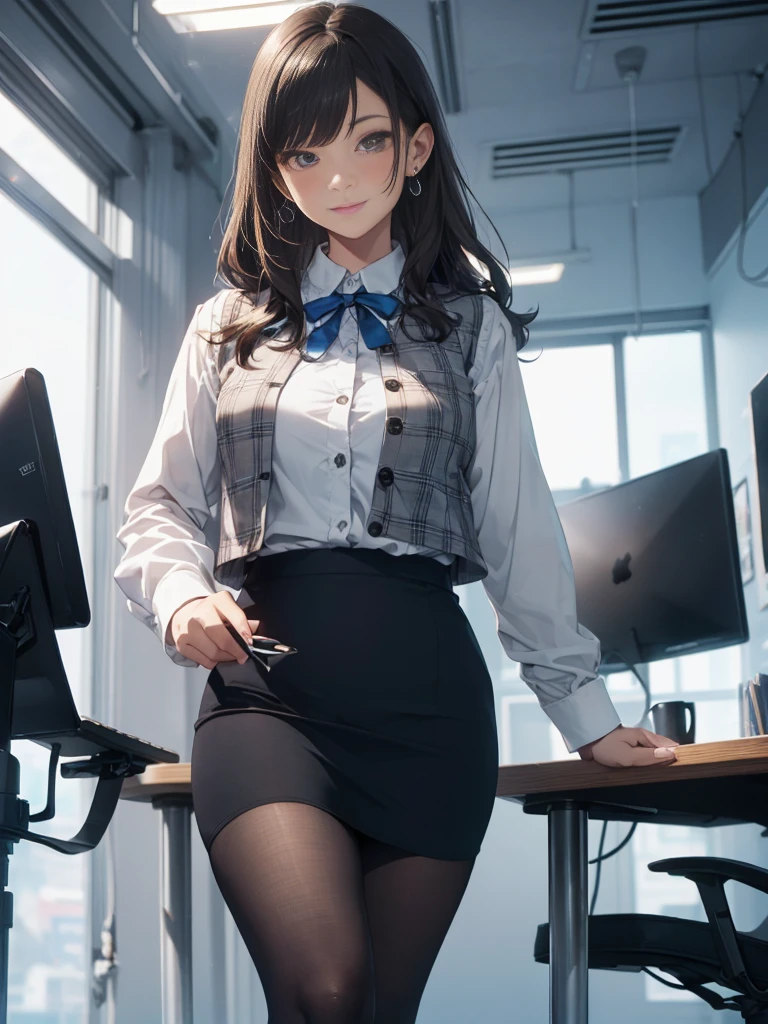 ((((1ladyl,))))  (masterpiece), (realistic), (best quality), (ultra-detailed),  amazing 30 years old wife,  pantyshot, long brown hair, office lady, Wearing a pink plaid vest, White short sleeved shirt, Gray pencil skirt, Wear stiletto heels, Necklace, earrings,  Cute face, Smile, Blushing, Shyness, Glass wall, Ultra Detail, Realistic, Front view, Whole body, (wearing in [[white and gray check pattern]] Vest worn over white collared long-sleeved shirt:1.4), (gray vest with buttons:1.2), (Pink Theme:1.2), (blue ribbon ribbon:1.3), (Black theme:1.4), (Tight black pencil skirt:1.5), ((Brown pantyhose)), (high-heels:1.1),longskirt,office desk, office chair,Lulubre Unity 8K Wallpaper, Beautiful background, clearly, Best Quality, The highest resolution, Best aesthetic,extremely detailed CG unity 8k,