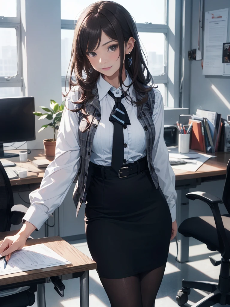 ((((1ladyl,))))  (masterpiece), (realistic), (best quality), (ultra-detailed),  amazing 30 years old wife,  pantyshot, long brown hair, office lady, Wearing a pink plaid vest, White short sleeved shirt, Gray pencil skirt, Wear stiletto heels, Necklace, earrings,  Cute face, Smile, Blushing, Shyness, Glass wall, Ultra Detail, Realistic, Front view, Whole body, (wearing in [[white and gray check pattern]] Vest worn over white collared long-sleeved shirt:1.4), (gray vest with buttons:1.2), (Pink Theme:1.2), (blue ribbon ribbon:1.3), (Black theme:1.4), (Tight black pencil skirt:1.5), ((Brown pantyhose)), (high-heels:1.1),longskirt,office desk, office chair,Lulubre Unity 8K Wallpaper, Beautiful background, clearly, Best Quality, The highest resolution, Best aesthetic,extremely detailed CG unity 8k,