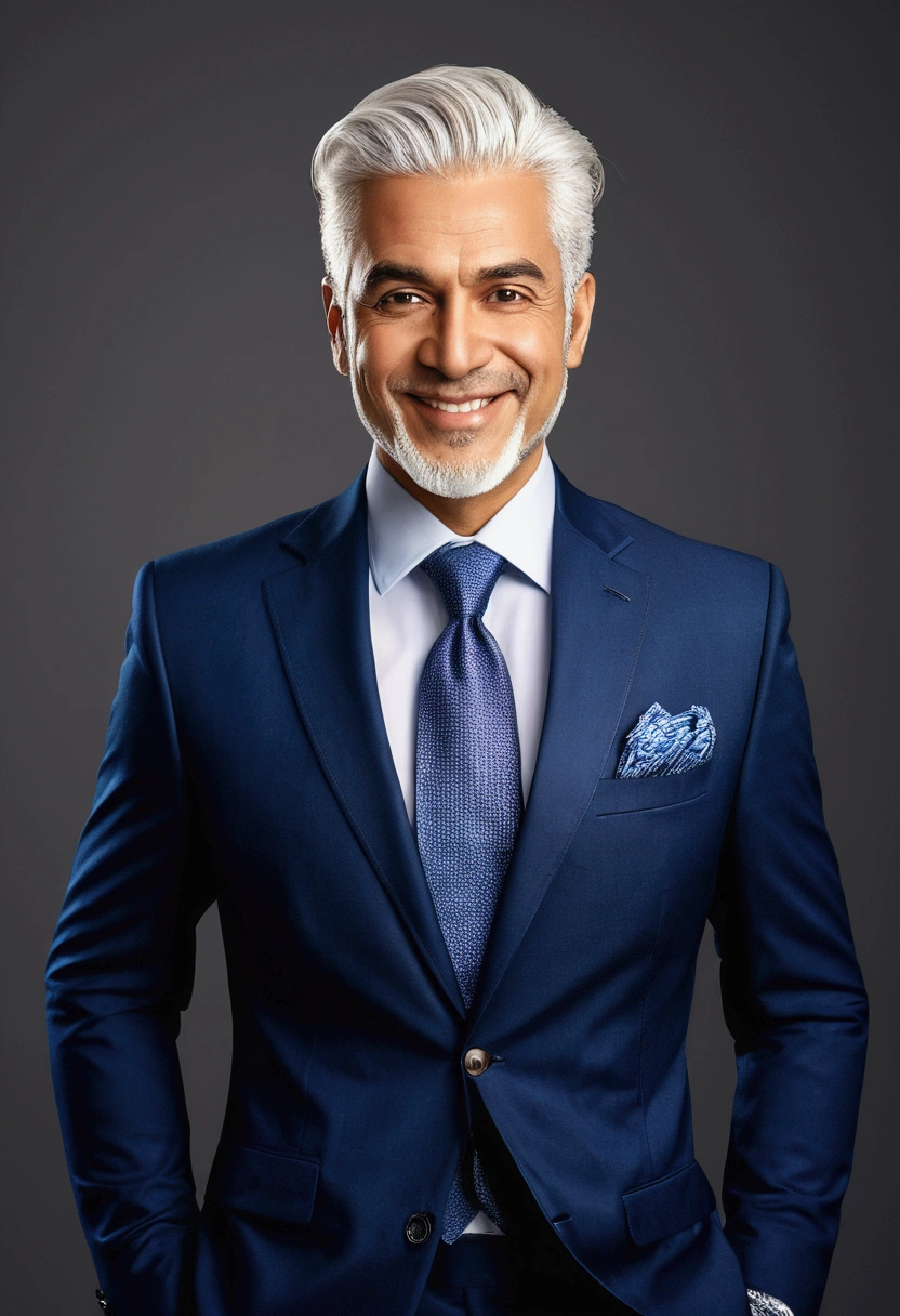 (best qualityer, high resolution, realisitic: 1.37), Ganjar Pranowo, White hair, sem beard, 3D Character for Business Logo Design, businessman in formal wear, detailed suit, professional attitude, graceful facial expression, shaven, smile confidently to yourself, Well-groomed hair, realisitic texture, smooth appearance, high quality lighting, Studio environment, shiny colors, sharp focus, attention to the details, professional portrait style, interesting composition, Sharp lines and edges, modern aesthetic, dynamic poses, attractive design, elegant office scenery, corporate atmosphere, elegant atmosphere, polished mark, Attention-grabbing logo, professional and elegant representation, memorable and impactful images.