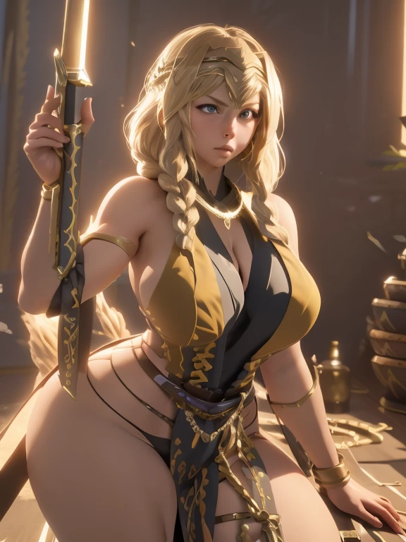 The character, depicted in a dynamic pose, wields a sword and shield, suggesting a warrior or fighter. She has blonde hair, blue eyes, and wears armor reminiscent of fantasy and mythology, common in many games and stories. Exaggerated and voluptuous features distinguish her, including a curvy silhouette, wide hips, thick thighs, and plump, large breasts. Towering at 188cm, she boasts hyper-realistic, saggy breasts and an intricately designed breastplate. The FFXIV art style is evident, reflecting the impact of social media and online platforms on perceptions of body size and shape. The artwork is highly detailed, vibrant, and focuses on the character's physique and the elaborate environment. With big boobs and a full body, it has gained popularity on ArtStation and CGSociety. Notably, the sharp focus showcases Leina or Reina Vance, possibly associated with Queen Blade or Queen Blade Unlimited and the Gigantic Breast trend. Her blonde hair flows long and free, completing her striking appearance as Queen Marika.