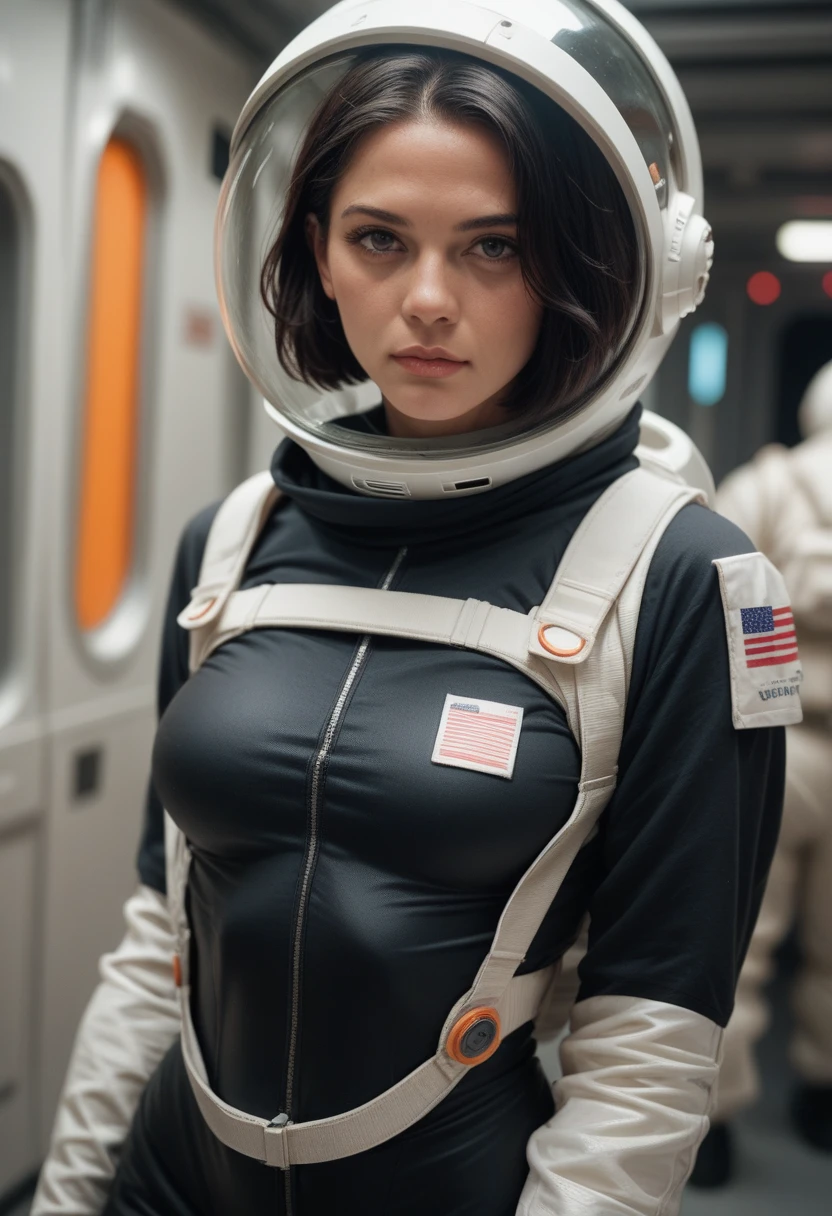Black woman with short straight hair wearing sexy futuristic astronaut outfit.