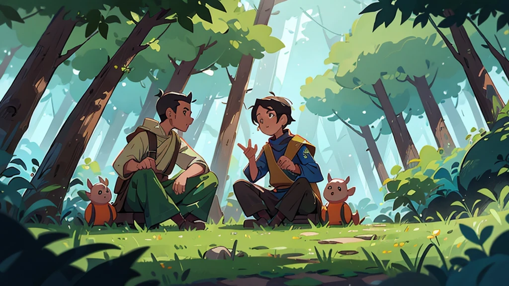 inspiring; monk talking to Javier; forest; foreground