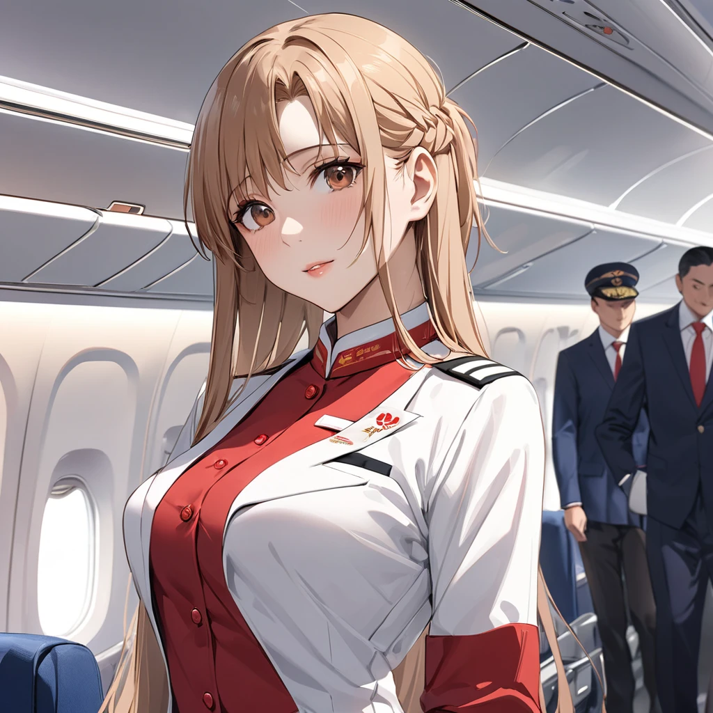 ((Highest quality)), ((masterpiece)), (detailed), （Perfect Face）、The woman is a Chinese woman with light brown, medium-long hair, named Yuuki Asuna, a flight attendant for Air China.、The woman is wearing the red uniform of an Air China flight attendant.