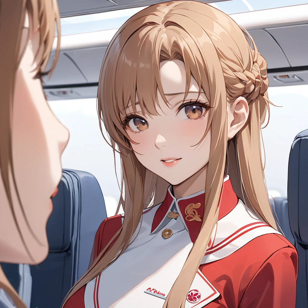 ((Highest quality)), ((masterpiece)), (detailed), (Perfect Face)、The woman is a Chinese woman with light brown, medium-long hair, named Yuuki Asuna, a flight attendant for Air China.、The woman is wearing the red uniform of an Air China flight attendant.
