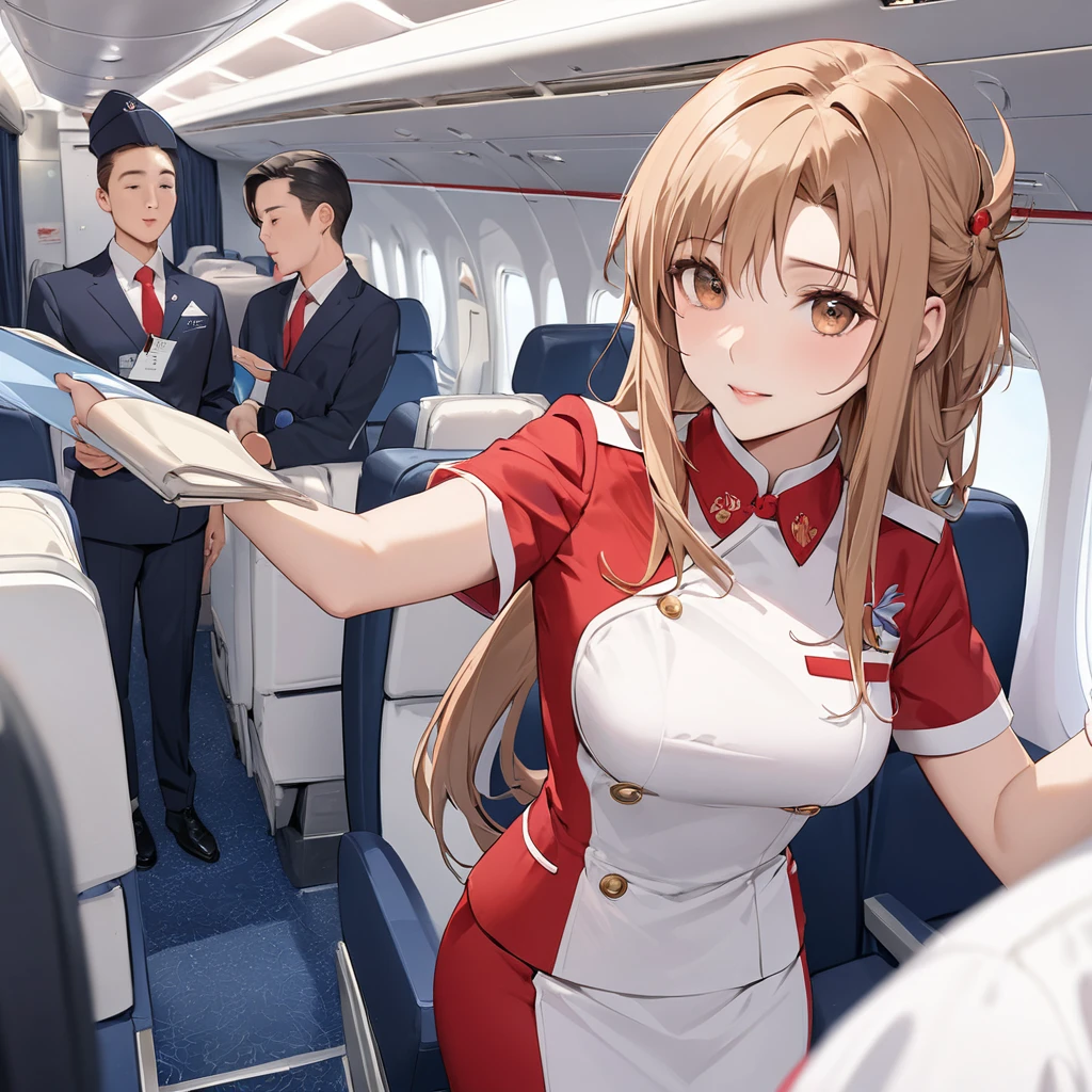 ((Highest quality)), ((masterpiece)), (detailed), （Perfect Face）、The woman is a Chinese woman with light brown, medium-long hair, named Yuuki Asuna, a flight attendant for Air China.、The woman is wearing the red uniform of an Air China flight attendant.