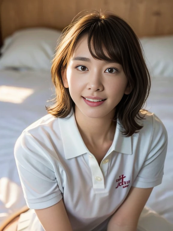 (Masterpiece, Best quality: 1.4), (Ultra realistic, Photo-realistic: 1.2), (From above: 1.2), Full body, kneeling, on bed, Looking at viewer, Natural light, 30 years old actress, Japanese women, (arms behind back: 1.2), Neat and clean, ((Wearing white tennis uniform, White polo shirt with collar, Not buttoning the polo shirt, White pleated tennis skirt: 1.2)), (ponytail), Short wavy hair, Light brown hair color, (Beautiful Face), Oval face, clear, (Beautiful eyes, Kind eyes), (Clear skin), Small face, (Small mouth, Beautiful mouth), Natural makeup, Approachable, Hotel Suite rooms, On bed, Seductive smile, Seductive pose, Beautiful thighs, Bedroom eyes, spread legs,