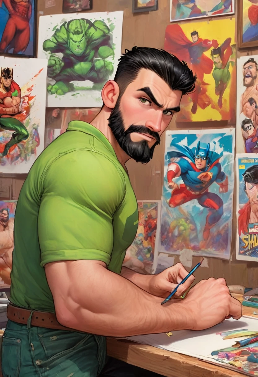 cartoon a 30 year old man, black hair with quiff, thick eyebrows,unshaven beard,brown dark eyes, with brush and pencil in right hand, black tee, in the scene behind posters with drawings of superheroes, a 38 year old man, dark hair with shaved sides and beard, wearing a green denim jacket and green pants with white sneakers, defined and beautiful muscles, big penis , Huge penis , penis Beautiful , defined, penis with details and hyper perfect, Luscious , giant penis, muscular penis, penis with veins, beautiful penis, photorealistic penis, detailed penis, perfect penis, large penis, penis luscious, sweaty penis, hard penis, perfect penis HD 8k, round testicles, perfect testicles, furry testicles,
