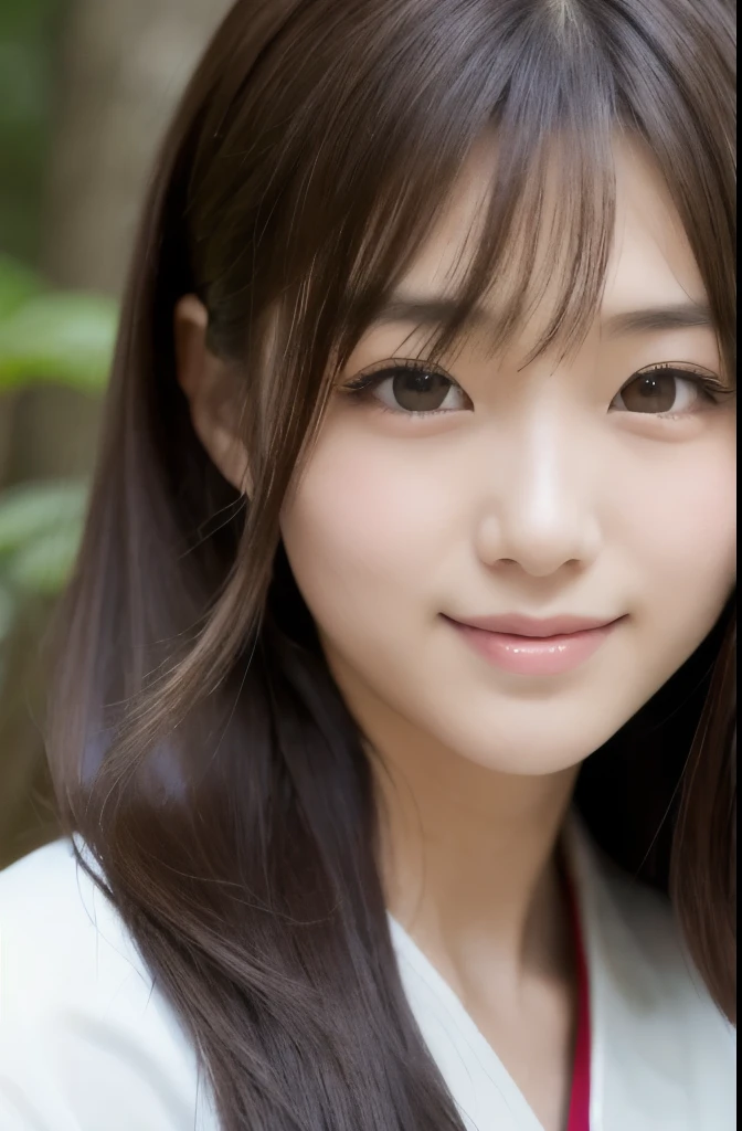 best quality, face focus, soft light, ultra high res, (photorealistic:1.4), RAW photo,(Shinozaki Ai), white skin, kawaii,
1 Japanese girl, solo, cute, (smile), (pupil, lights in the eyes),  detailed beautiful face, Medium-sized breasts,(high resolution detail of human skin texture),(long hair),(portrait), upper body, white traditional kimono, in the forest,