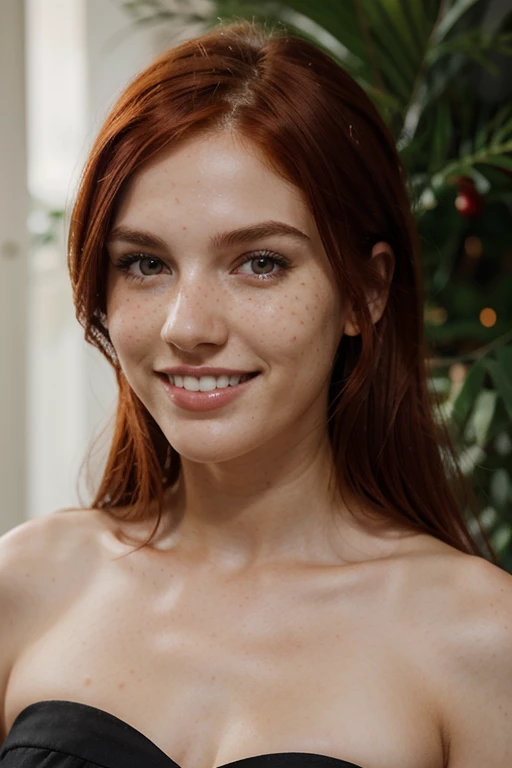 Red hair, freckles, smile, dark circles, white teeth, large chest, black dress, fair skin, 20 years old, thin nose, super detail, super detail, accurate, anatomically correct