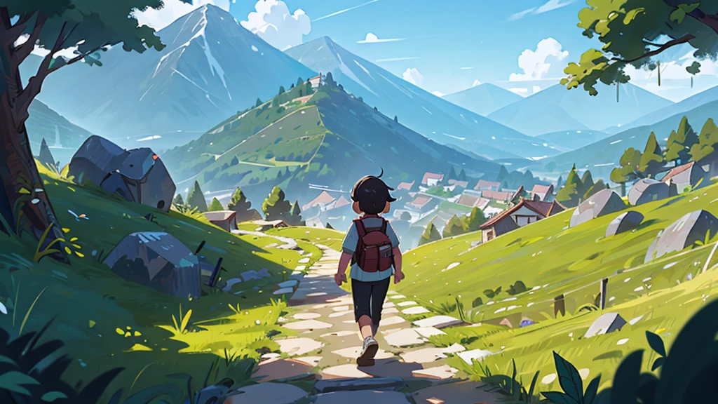 determined; Javier walking along a path; mountain trail; view from behind