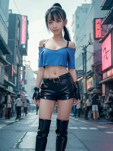 Japanese female, (underweight), (flat chest best quality:1.5), (cheerful grin:1.2),
noisy, standing, legs spread, ponytail, (red off shoulder top), shorts, (black boots), in the city, (((cyberpunk))), (steampunk), from below, (dust effect), (blue hour)