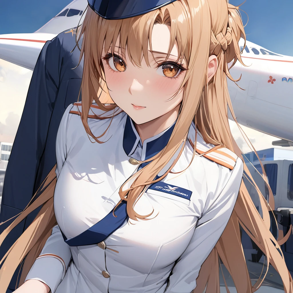 ((Highest quality)), ((masterpiece)), (detailed), (Perfect Face)、The woman is Yuuki Asuna, a flight attendant for Shandong Airlines, a Chinese woman with light brown, medium-long hair.、The woman is wearing a red Shandong Airlines flight attendant uniform, a uniform scarf and a uniform hat.