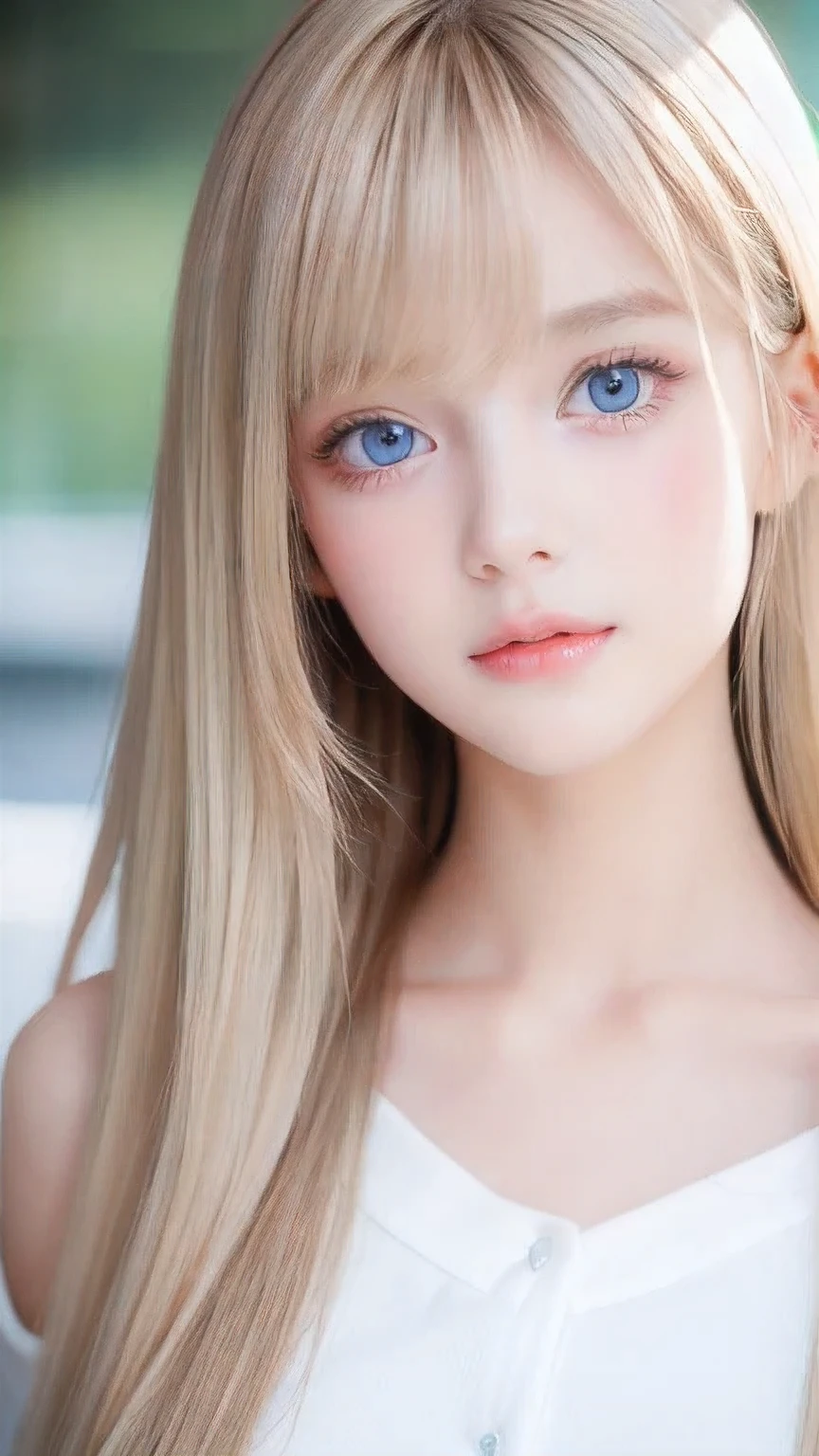 Unparalleled beauty, Extremely white, firm and lustrous skin, Bangs between the eyes, Bangs over both eyes、Beautiful shiny, straight, natural platinum blonde, Super long, straight, silky, beautiful blonde hair, eyeliner, A truly beautiful girl、Sexy beautiful innocent 14 years old, Beautiful, large, light blue eyes that sparkle like jewels., Beautiful and lovely girl, Baby Face, Short sleeve shirt、Large bust、Small Face Beauty、Round face、Cheek highlighter
