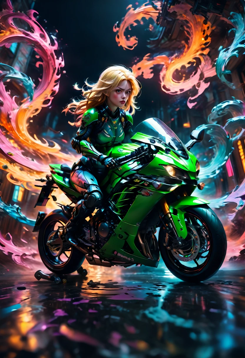 motorcycle,Kawasaki Ninja, knightgirl, whole body, by Jason_chan, dramatic composition, cinematic dynamic action scene, swirly vibrant colors, cinematic lighting, dramatic lighting, best qualityer, work of art, very aesthetic, perfect composition, details Intricate, ultra detali