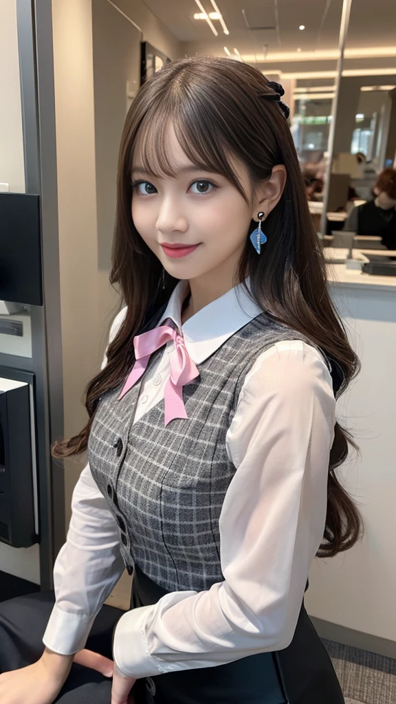 ((((1 Lady Lil,))))  (masterpiece), (Realistic), (Highest quality), (Very detailed),  Awesome 30 year old wife,  Panty shot, Long brown hair, office lady, Wearing a pink plaid vest, White short sleeve shirt, Grey pencil skirt, Wear stiletto heels, necklace, Earrings,  Cute Face, smile, blush, Shyness, Glass Wall, Super detailed, Realistic, Front view, whole body, (Wearing [[White and grey check pattern]] A vest worn over a white-collared long-sleeved shirt:1.4), (Grey buttoned vest:1.2), (Pink Theme:1.2), (blue ribbon ribbon:1.3), (Black Theme:1.4), (tight black pencil skirt:1.5), ((Brown pantyhose)), (High heels:1.1),Long skirt,transaction machine, Office chair,Lullabre Unity 8K Wallpaper, Beautiful background, clearly, Highest quality, Highest Resolution, Best aesthetics,Very detailed CG ユニティ 8k,