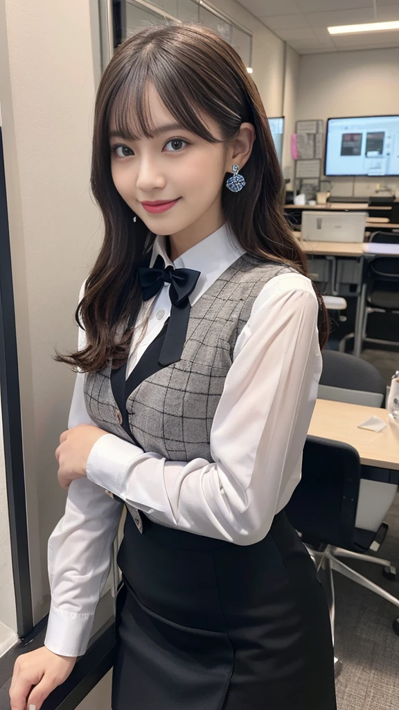 ((((1 Lady Lil,))))  (masterpiece), (Realistic), (Highest quality), (Very detailed),  Awesome 30 year old wife,  Panty shot, Long brown hair, office lady, Wearing a pink plaid vest, White short sleeve shirt, Grey pencil skirt, Wear stiletto heels, necklace, Earrings,  Cute Face, smile, blush, Shyness, Glass Wall, Super detailed, Realistic, Front view, whole body, (Wearing [[White and grey check pattern]] A vest worn over a white-collared long-sleeved shirt:1.4), (Grey buttoned vest:1.2), (Pink Theme:1.2), (blue ribbon ribbon:1.3), (Black Theme:1.4), (tight black pencil skirt:1.5), ((Brown pantyhose)), (High heels:1.1),Long skirt,transaction machine, Office chair,Lullabre Unity 8K Wallpaper, Beautiful background, clearly, Highest quality, Highest Resolution, Best aesthetics,Very detailed CG ユニティ 8k,