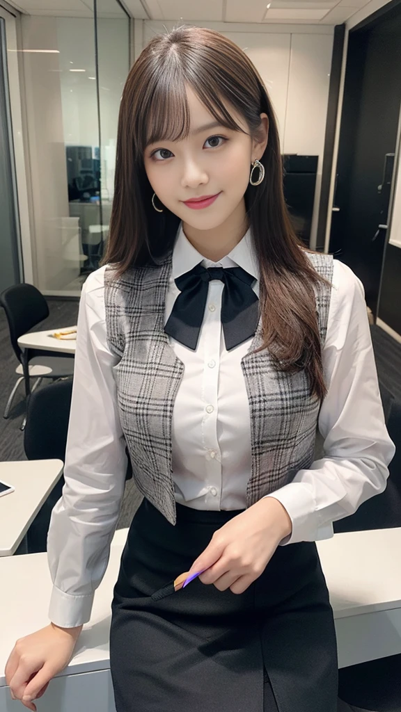 ((((1 Lady Lil,))))  (masterpiece), (Realistic), (Highest quality), (Very detailed),  Awesome 30 year old wife,  Panty shot, Long brown hair, office lady, Wearing a pink plaid vest, White short sleeve shirt, Grey pencil skirt, Wear stiletto heels, necklace, Earrings,  Cute Face, smile, blush, Shyness, Glass Wall, Super detailed, Realistic, Front view, whole body, (Wearing [[White and grey check pattern]] A vest worn over a white-collared long-sleeved shirt:1.4), (Grey buttoned vest:1.2), (Pink Theme:1.2), (blue ribbon ribbon:1.3), (Black Theme:1.4), (tight black pencil skirt:1.5), ((Brown pantyhose)), (High heels:1.1),Long skirt,transaction machine, Office chair,Lullabre Unity 8K Wallpaper, Beautiful background, clearly, Highest quality, Highest Resolution, Best aesthetics,Very detailed CG ユニティ 8k,