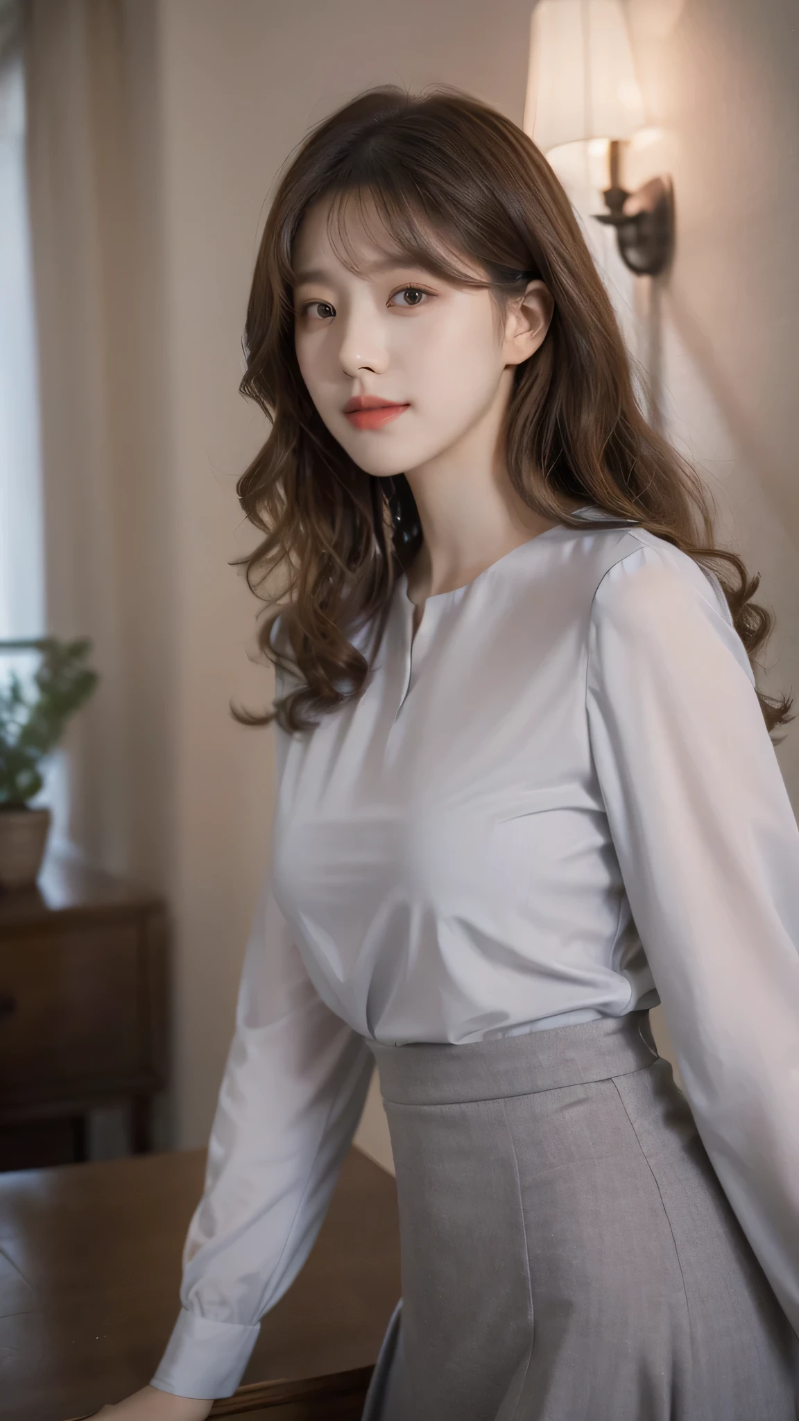 detailed background, masterpiece, best quality, 1 person , curly hair, long hair, purple eyes, star in eye , grey Strapless blouse, long skirt, grey, tight , grey blouse