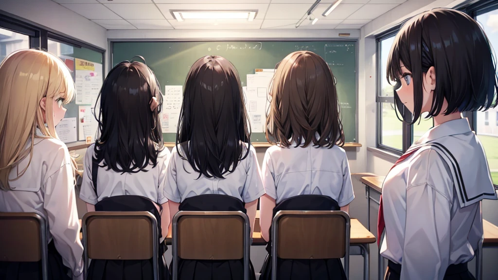five girls, school, class, (((black hair))), blond, ((brown)), standing