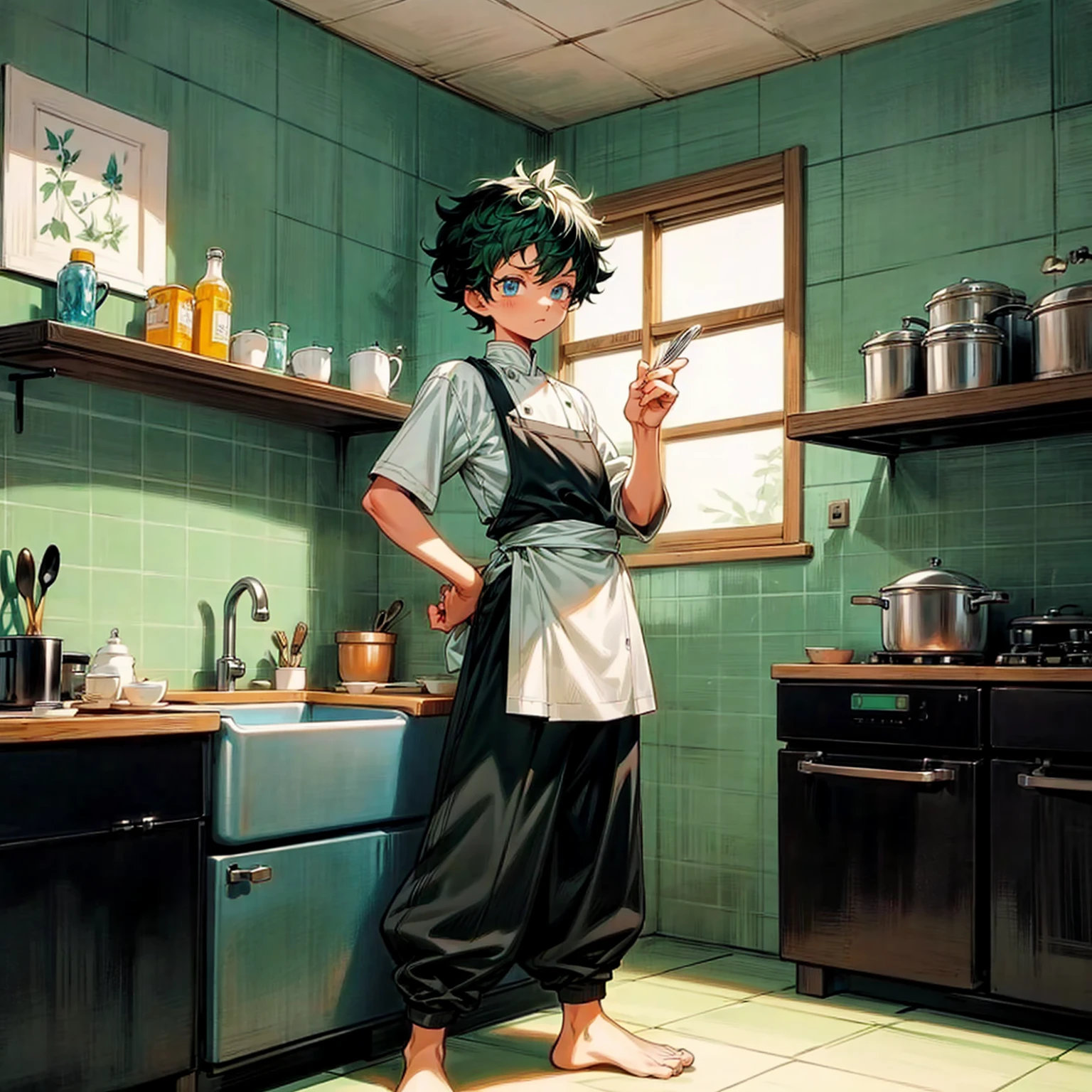 Solo character, full body version, baby kid boy, his height is short, blue eyes, green half black color hair, short Curly haircut, Chef outfit, black pants, no shoes, no shock, detailed background, indoor, town, kitchen, cooking gesture, (bleach style art)