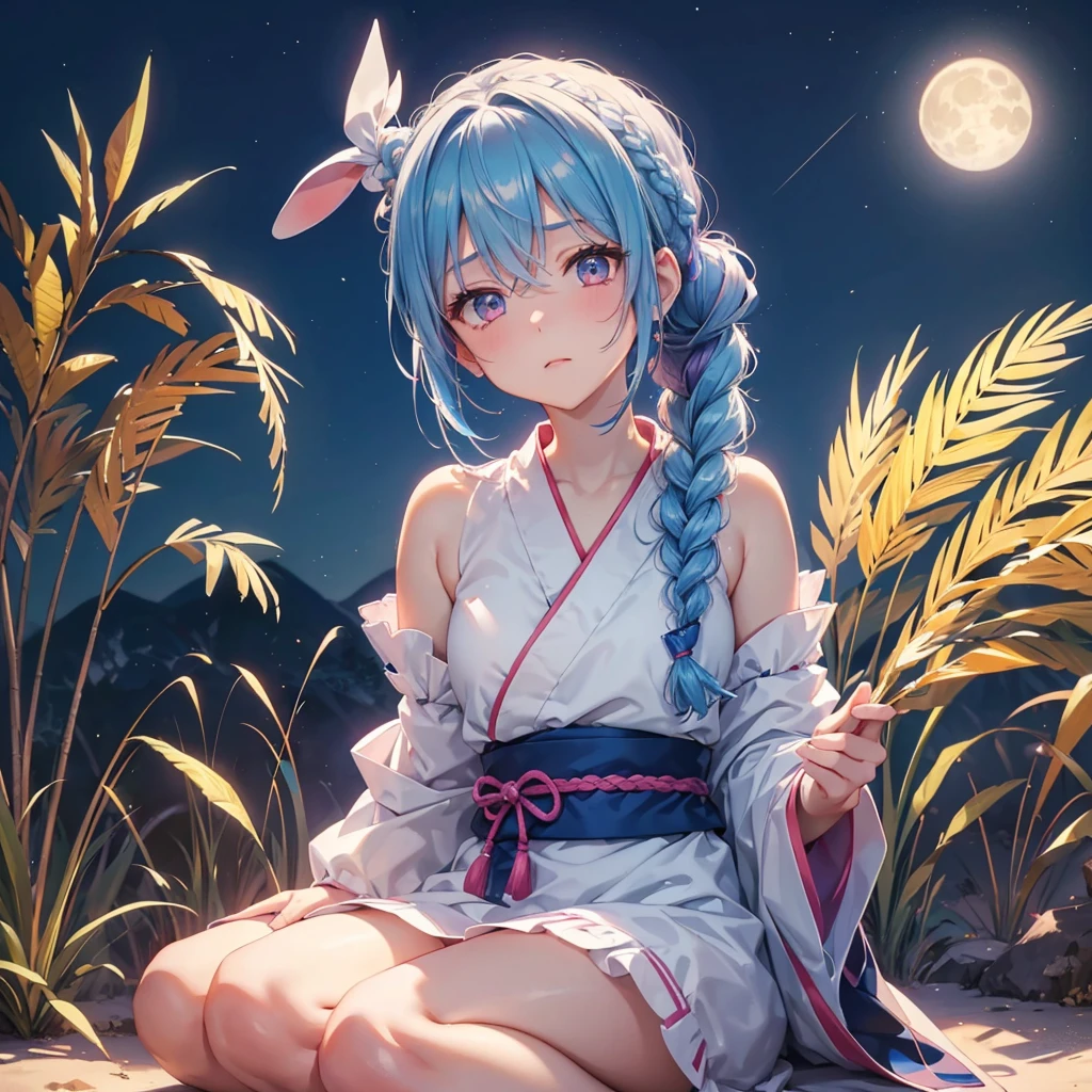 Sky blue hair, (Braided Ponytail:1.2), Pink eyes,Fair skin ,(whole body),(One Girl),Tsukimi,(White sweet dumplings ),White round dumplings,Japanese pampas grass,(beautiful, Full moon shining in the night sky),(masterpiece, Highest quality, Very detailed, Best Shadow), (Detailed Background), (Beautifully detailed face), High Contrast, (Best lighting, Very delicate and beautiful), ((Cinematic Light)), colorful, Hyper Detail,8k, Dramatic Light, Intricate details,Sit and eat dumplings while watching the moon,(Shadow of a rabbit on the moon),mysterious