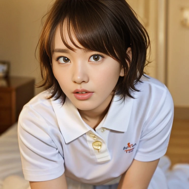 (Masterpiece, Best quality: 1.4), (Ultra realistic, Photo-realistic: 1.2), (From above: 1.2), (Full body, kneeling: 1.3), on bed, Looking at viewer, Natural light, 30 years old actress, Japanese women, (arms behind back: 1.2), Neat and clean, ((Wearing white tennis uniform, White polo shirt with collar, Not buttoning the polo shirt, White pleated tennis skirt: 1.2)), (ponytail hairstyle: 1.2), Short wavy hair, Light brown hair color, (Beautiful Face), Oval face, clear, (Beautiful eyes, Kind eyes), (Clear skin), Small face, (Small mouth, Beautiful mouth), Natural makeup, Approachable, Hotel Suite room