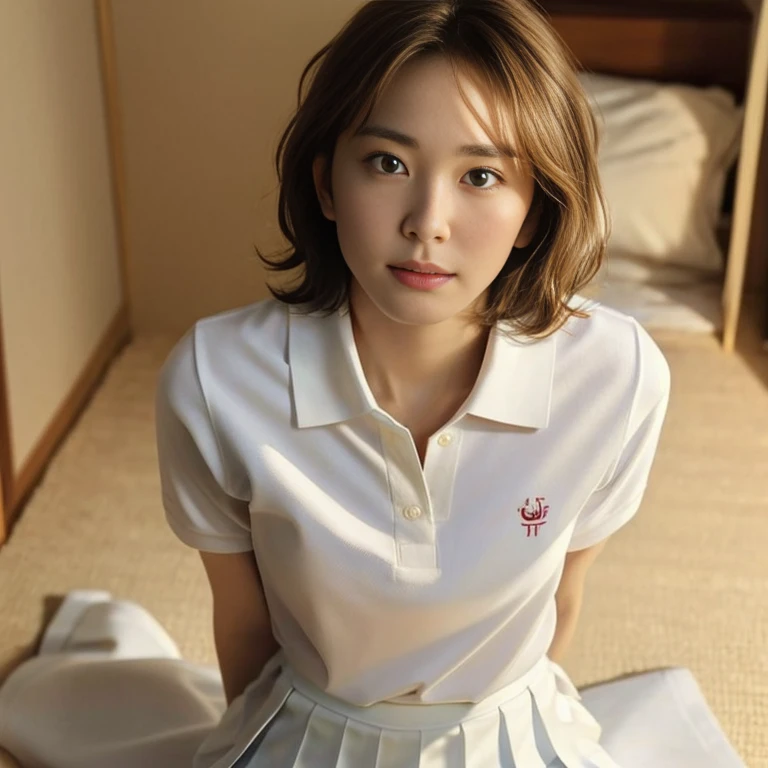 (Masterpiece, Best quality: 1.4), (Ultra realistic, Photo-realistic: 1.2), (From above: 1.2), (Full body, kneeling: 1.3), on bed, Looking at viewer, Natural light, 30 years old actress, Japanese women, (arms behind back: 1.2), Neat and clean, ((Wearing white tennis uniform, White polo shirt with collar, Not buttoning the polo shirt, White pleated tennis skirt: 1.2)), (ponytail hairstyle: 1.2), Short wavy hair, Light brown hair color, (Beautiful Face), Oval face, clear, (Beautiful eyes, Kind eyes), (Clear skin), Small face, (Small mouth, Beautiful mouth), Natural makeup, Approachable, Hotel Suite room