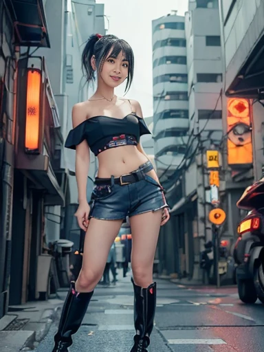 Japanese female, (underweight), (flat chest best quality:1.5), (cheerful grin:1.2),
noisy, standing, legs spread, ponytail, (red off shoulder top), shorts, (black boots), in the city, (((cyberpunk))), from below, (dust effect), (blue hour)