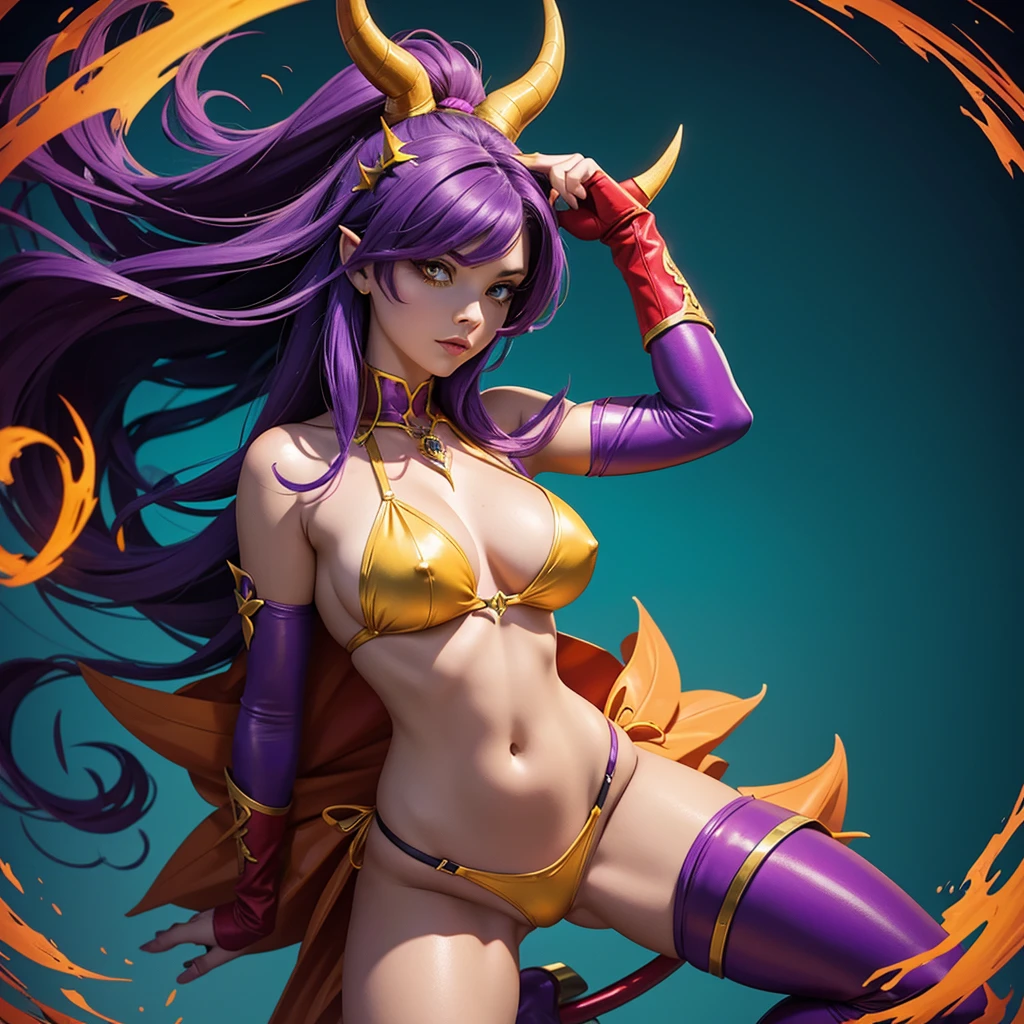 A comic book or fantasy-style digital illustration of a demonic woman with long, purple hair. She is wearing a red and yellow costume consisting of a horned mask, high boots, gloves, and a bikini that highlights her figure. The character holds a curved devil's tail that ends in an arrowhead. Her pose is confident and sensual, with her body slightly tilted. The background of the image is simple, in a teal tone, decorated with stylized elements that resemble a frame.