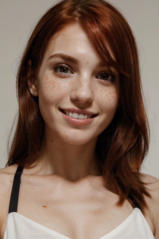 Red hair, freckles, smile, dark circles, white teeth, large chest, black dress, fair skin, 20 years old, thin nose, super detail, super detail, accurate, anatomically correct
