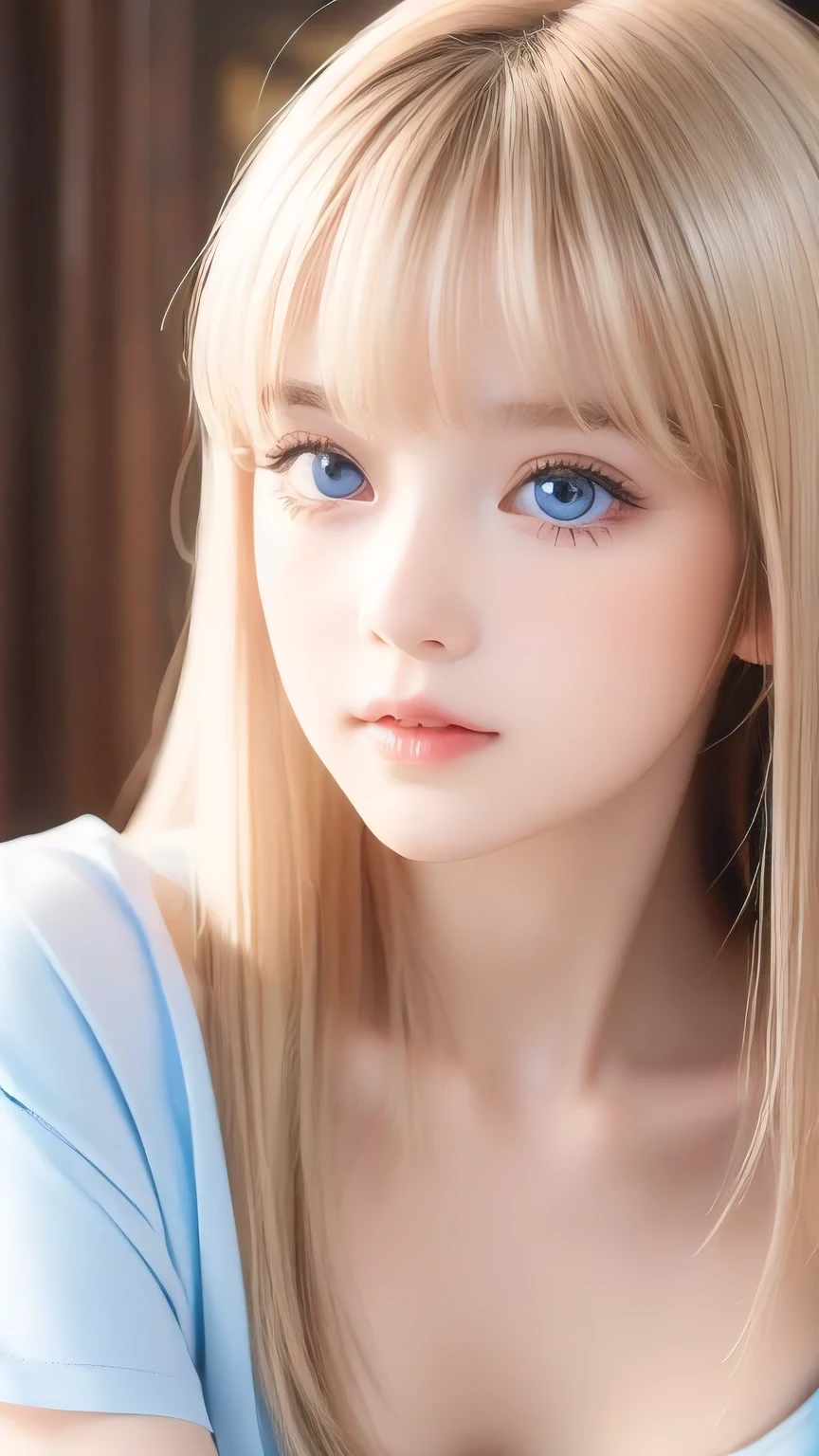 Unparalleled beauty, Extremely white, firm and lustrous skin, Bangs between the eyes, Bangs over both eyes、Beautiful shiny, straight, natural platinum blonde, Super long, straight, silky, beautiful blonde hair, eyeliner, A truly beautiful girl、Sexy beautiful innocent , Beautiful, large, light blue eyes that sparkle like jewels., Beautiful and lovely girl, Baby Face, Short sleeve shirt、Large bust、Small Face Beauty、Round face、Cheek highlighter